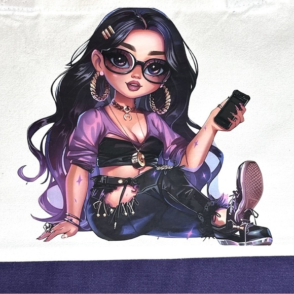 Large Canvas Tote Bag with Stylish Girl Art | Hand Pressed | 17”x14” - Picture 3 of 4